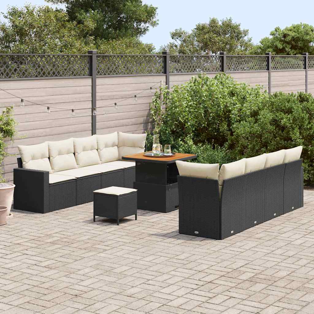 Gartensofa-set mit Kissen 12 pcs Schwarz und Creme Poly-Rattan