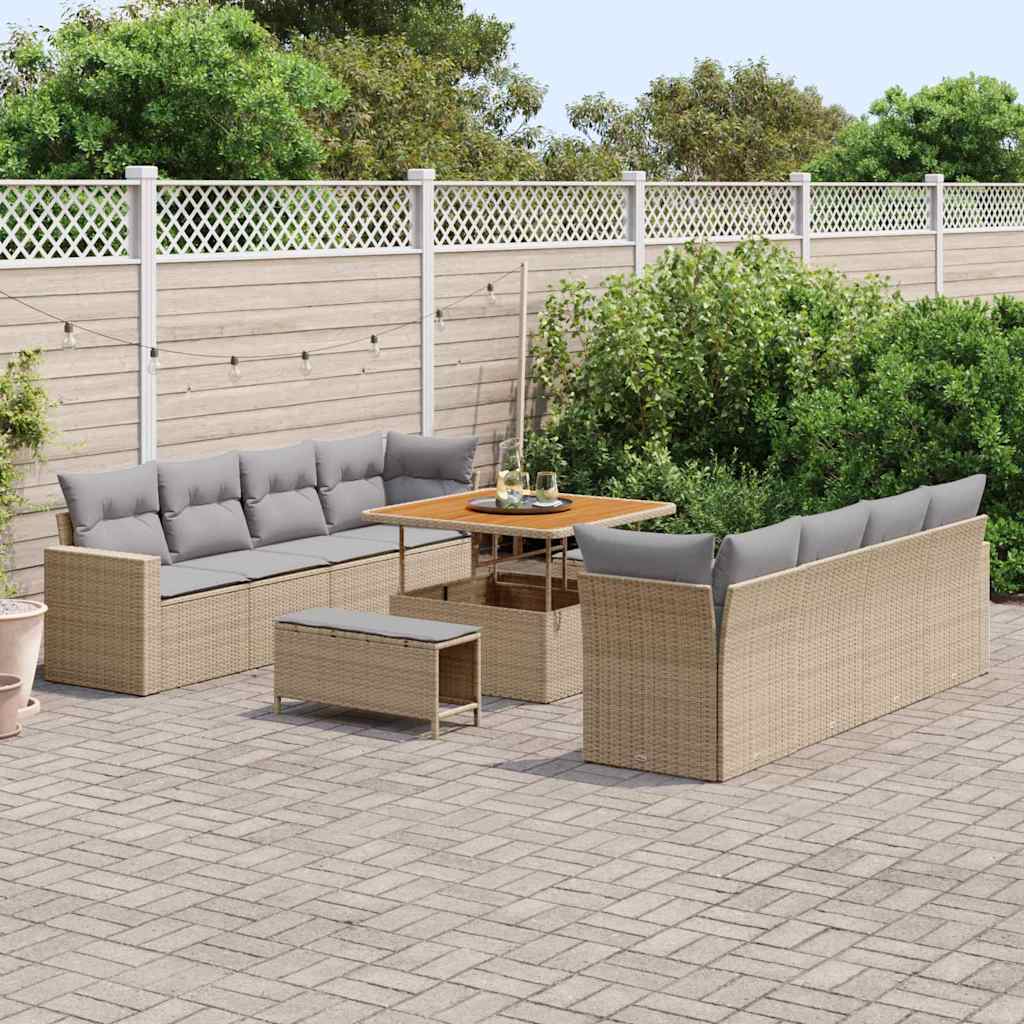 Gartensofa-set mit Kissen 12 pcs Beige und Hellgrau Poly-Rattan