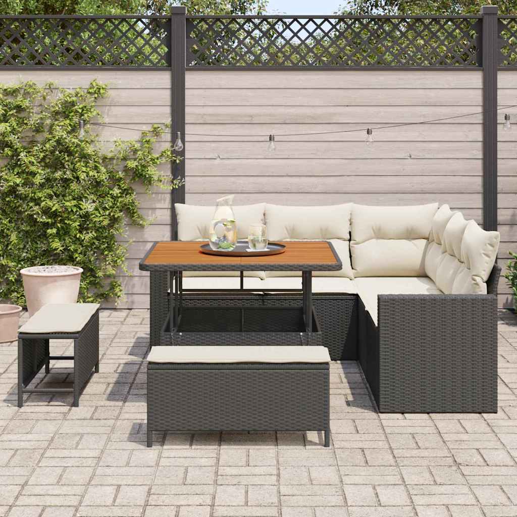Gartensofa-set mit Kissen 9 pcs Schwarz und Creme Poly-Rattan