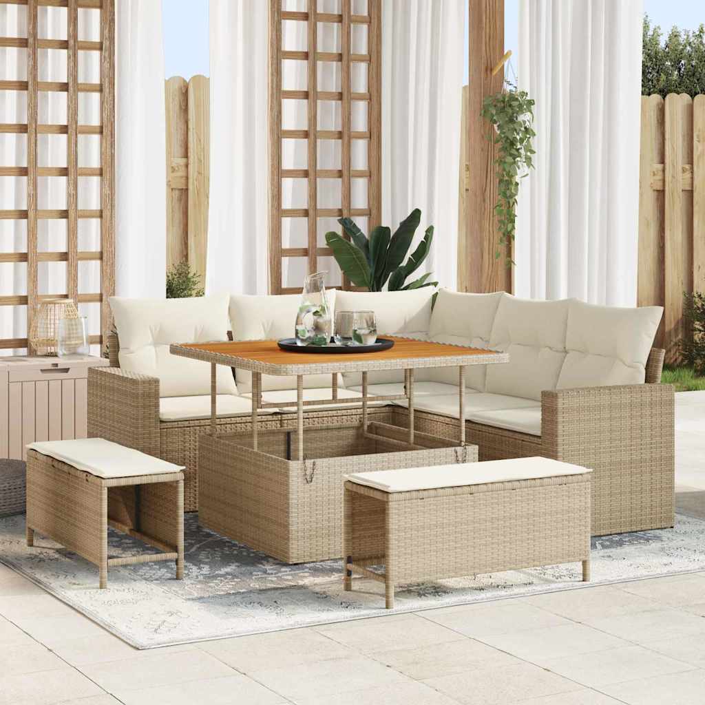 Gartensofa-set mit Kissen 9 pcs Beige und Creme Poly-Rattan