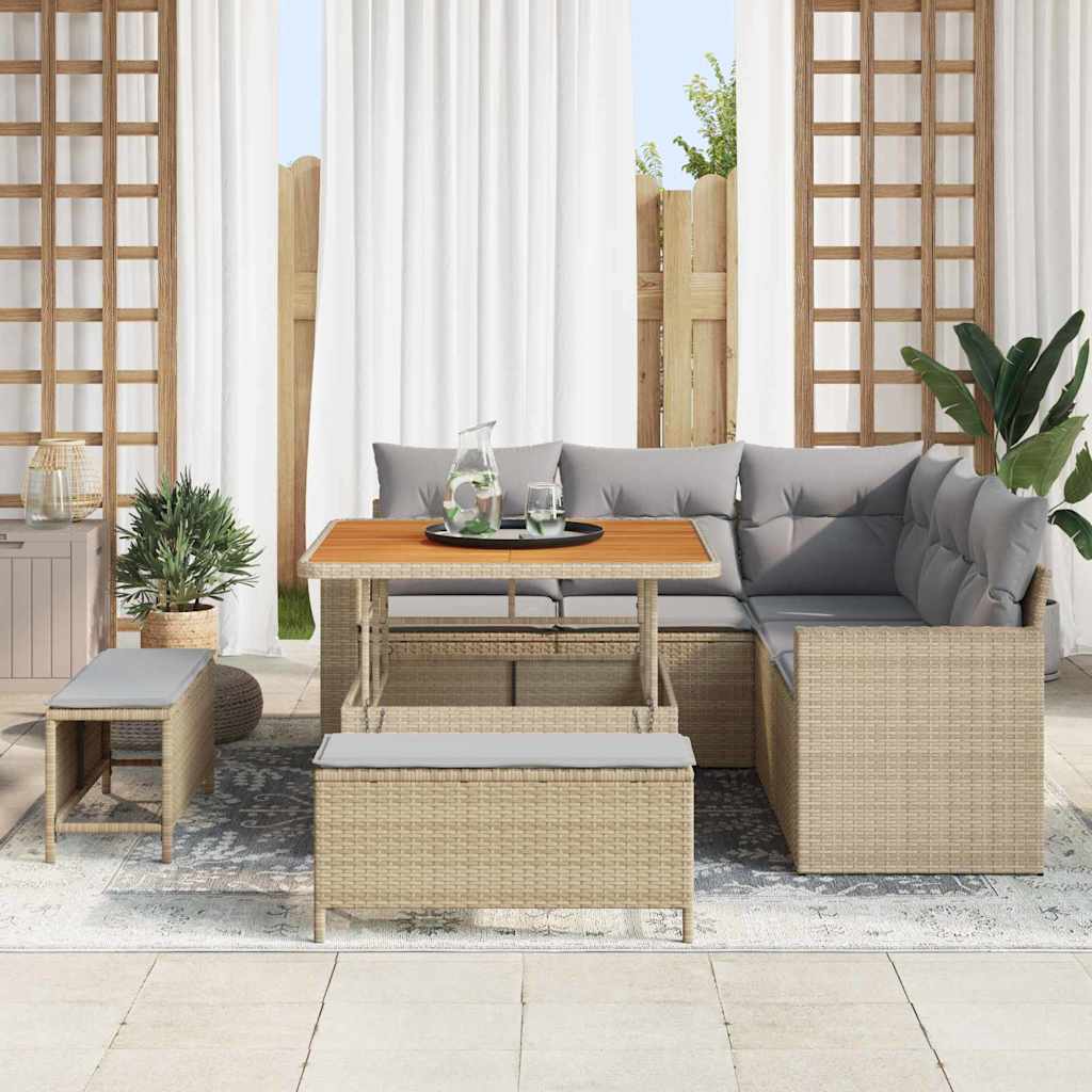 Gartensofa-set mit Kissen 9 pcs Beige und Hellgrau Poly-Rattan