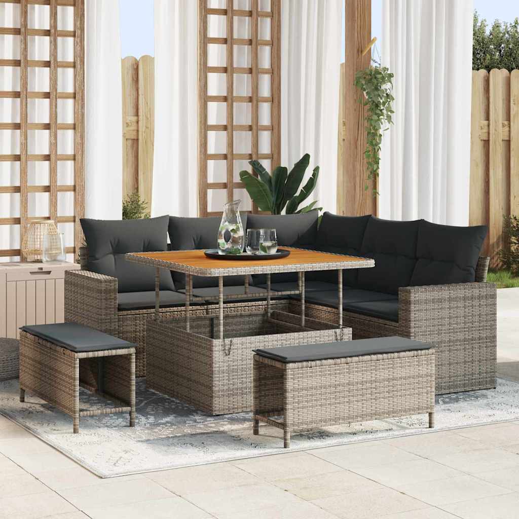 Gartensofa-set mit Kissen 9 pcs Grau Poly-Rattan