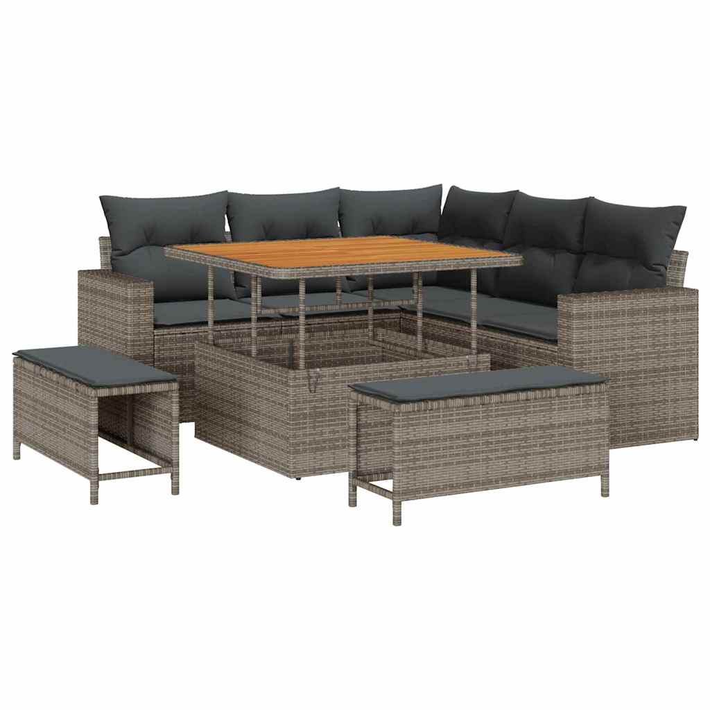 Gartensofa-set mit Kissen 9 pcs Grau Poly-Rattan