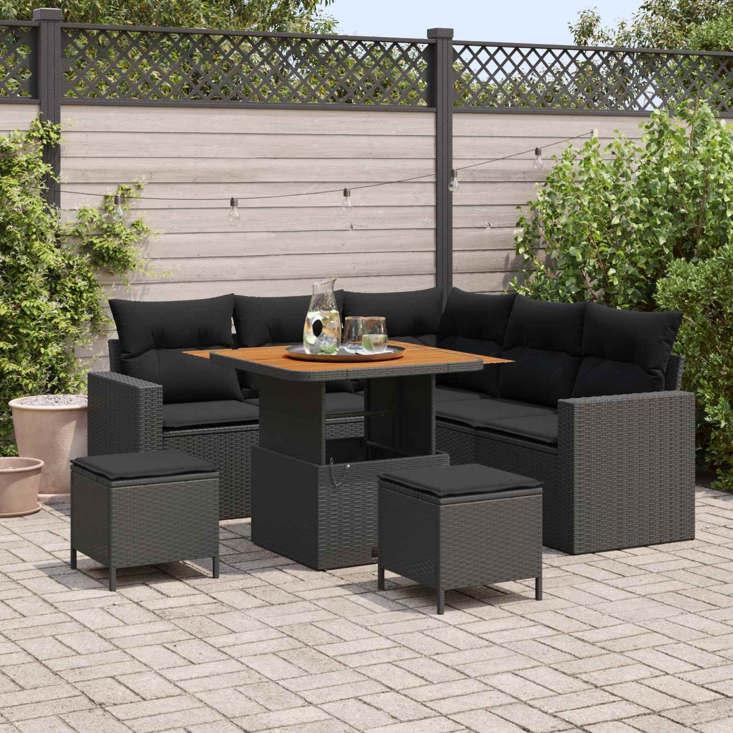 Gartensofa-set mit Kissen 9 pcs Schwarz Poly-Rattan