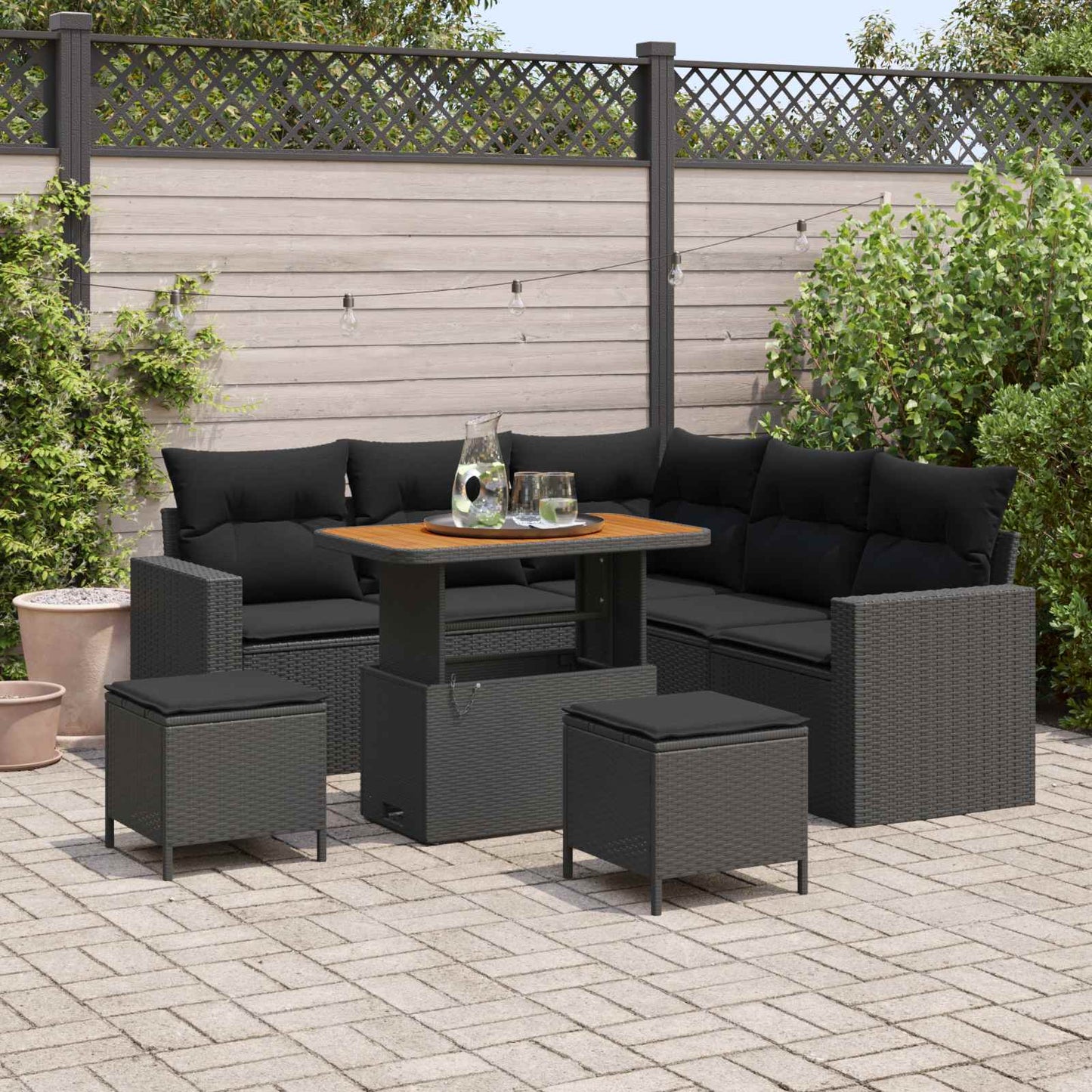 Gartensofa-set mit Kissen 9 pcs Schwarz Poly-Rattan