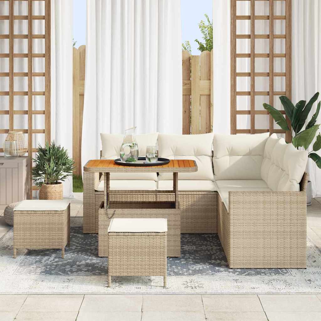 Gartensofa-set mit Kissen 9 pcs Beige und Creme Poly-Rattan