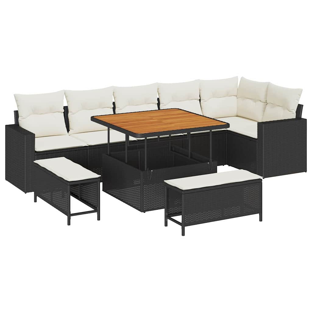 Gartensofa-set mit Kissen 11 pcs Schwarz und Creme Poly-Rattan