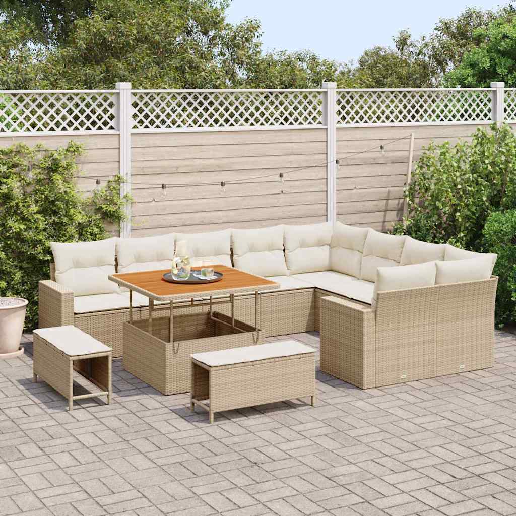 Gartensofa-set mit Kissen 13 pcs Beige und Creme Poly-Rattan