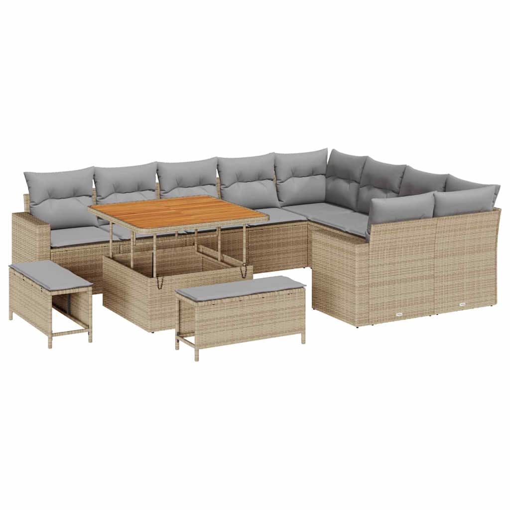 Gartensofa-set mit Kissen 13 pcs Beige und Hellgrau Poly-Rattan