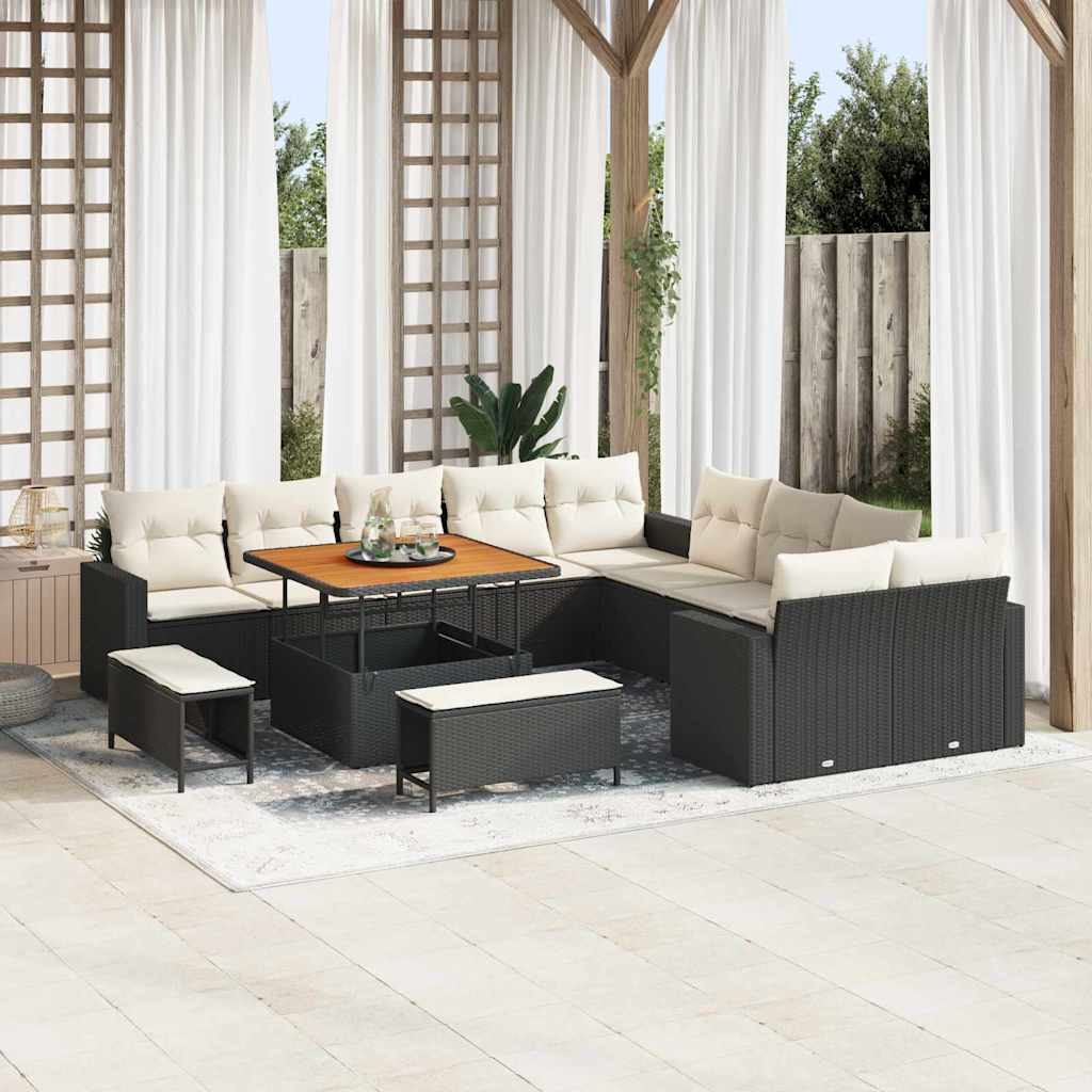 Gartensofa-set mit Kissen 17 pcs Schwarz und Creme Poly-Rattan