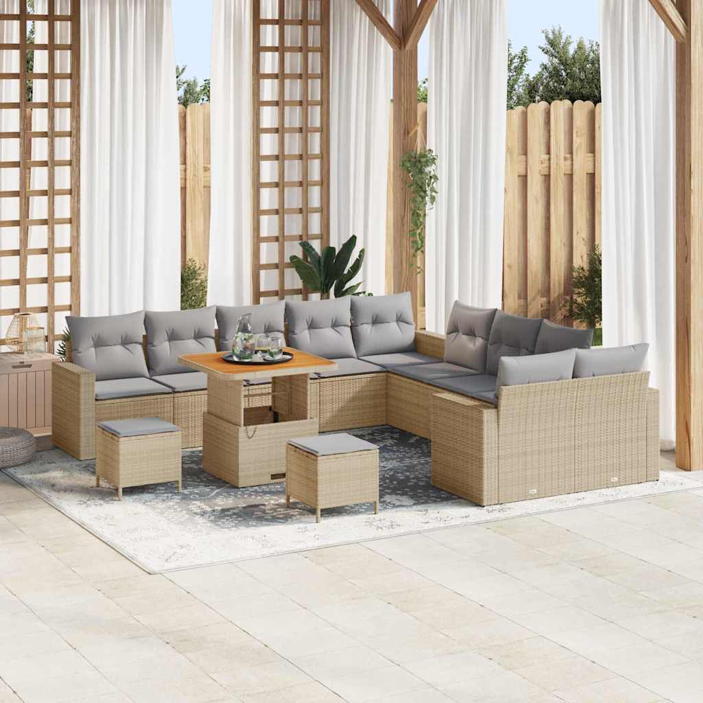 Gartensofa-set mit Kissen 17 pcs Beige und Hellgrau Poly-Rattan
