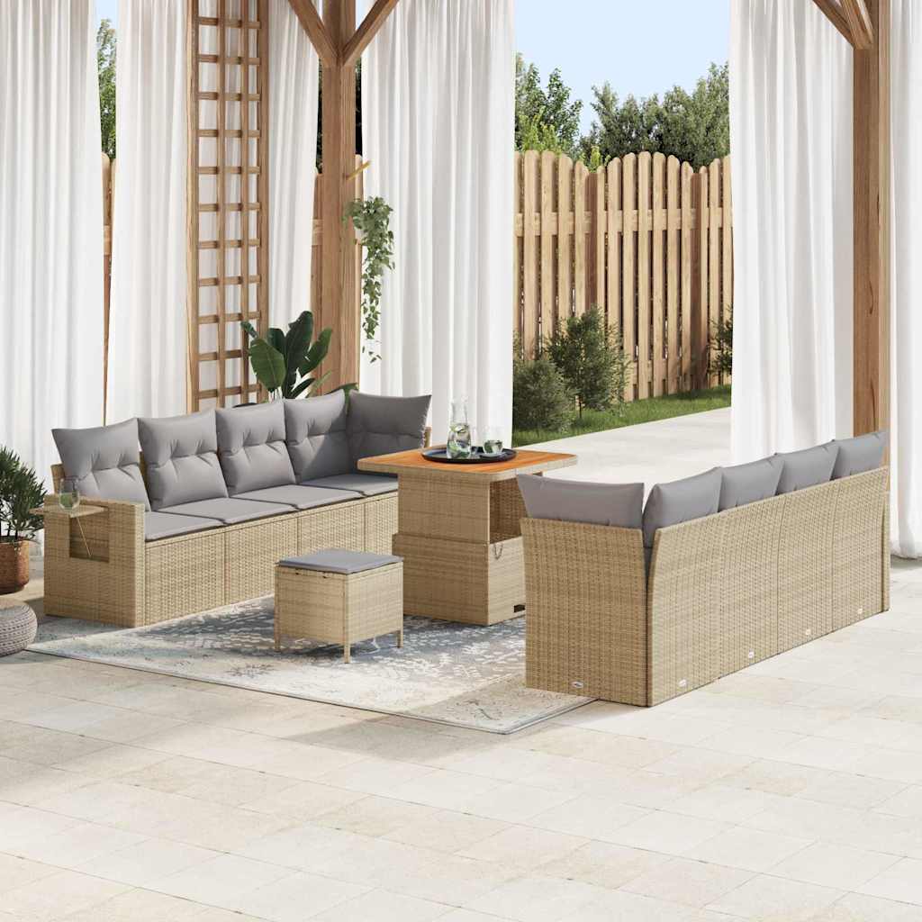 Gartensofa-set mit Kissen 11 pcs Beige und Hellgrau Poly-Rattan