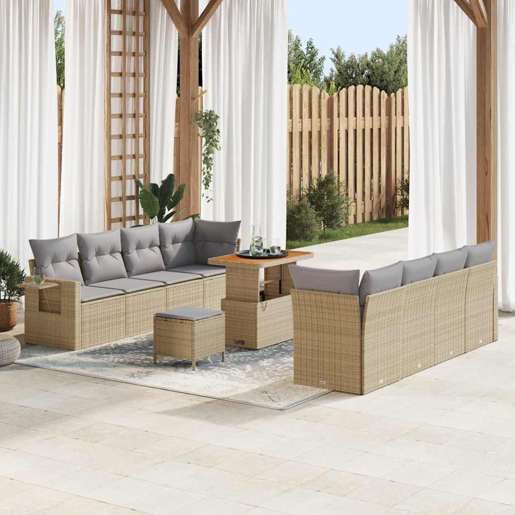 Gartensofa-set mit Kissen 11 pcs Beige und Hellgrau Poly-Rattan