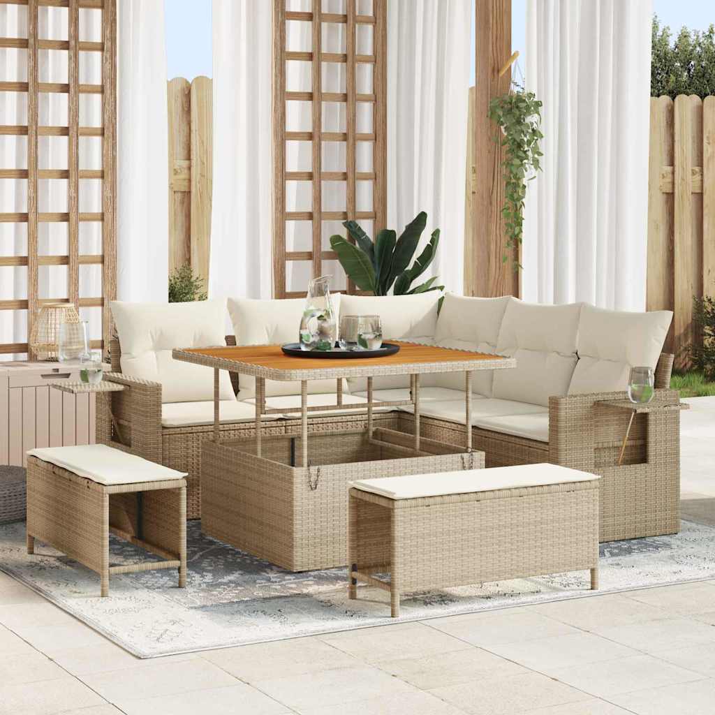 Gartensofa-set mit Kissen 9 pcs Beige und Creme Poly-Rattan