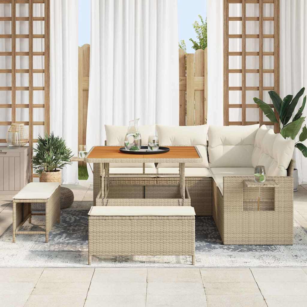 Gartensofa-set mit Kissen 9 pcs Beige und Creme Poly-Rattan