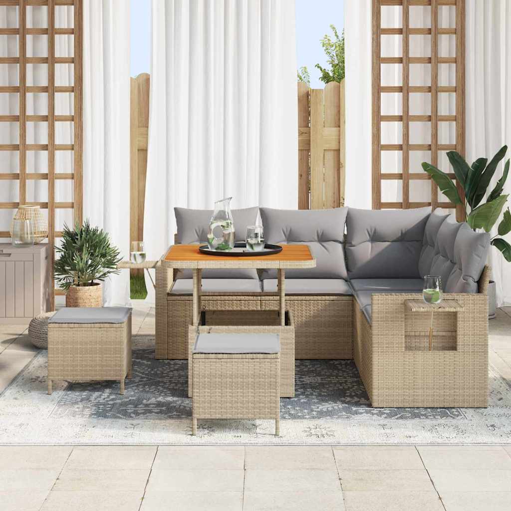 Gartensofa-set mit Kissen 9 pcs Beige und Hellgrau Poly-Rattan
