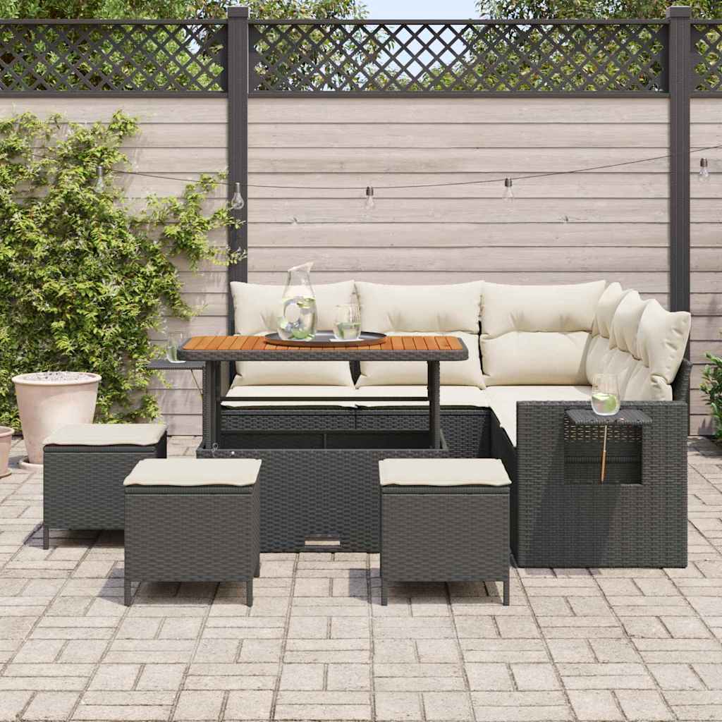 Gartensofa-set mit Kissen 10 pcs Schwarz und Creme Poly-Rattan