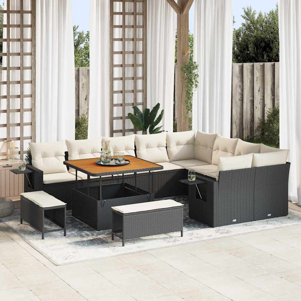 Gartensofa-set mit Kissen 13 pcs Schwarz und Creme Poly-Rattan