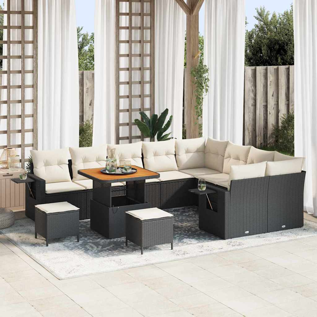 Gartensofa-set mit Kissen 12 pcs Schwarz und Creme Poly-Rattan