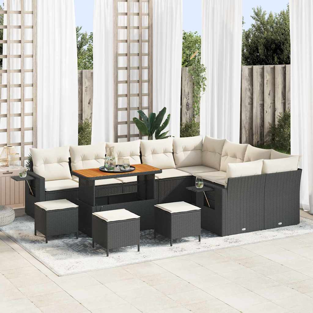 Gartensofa-set mit Kissen 13 pcs Schwarz und Creme Poly-Rattan