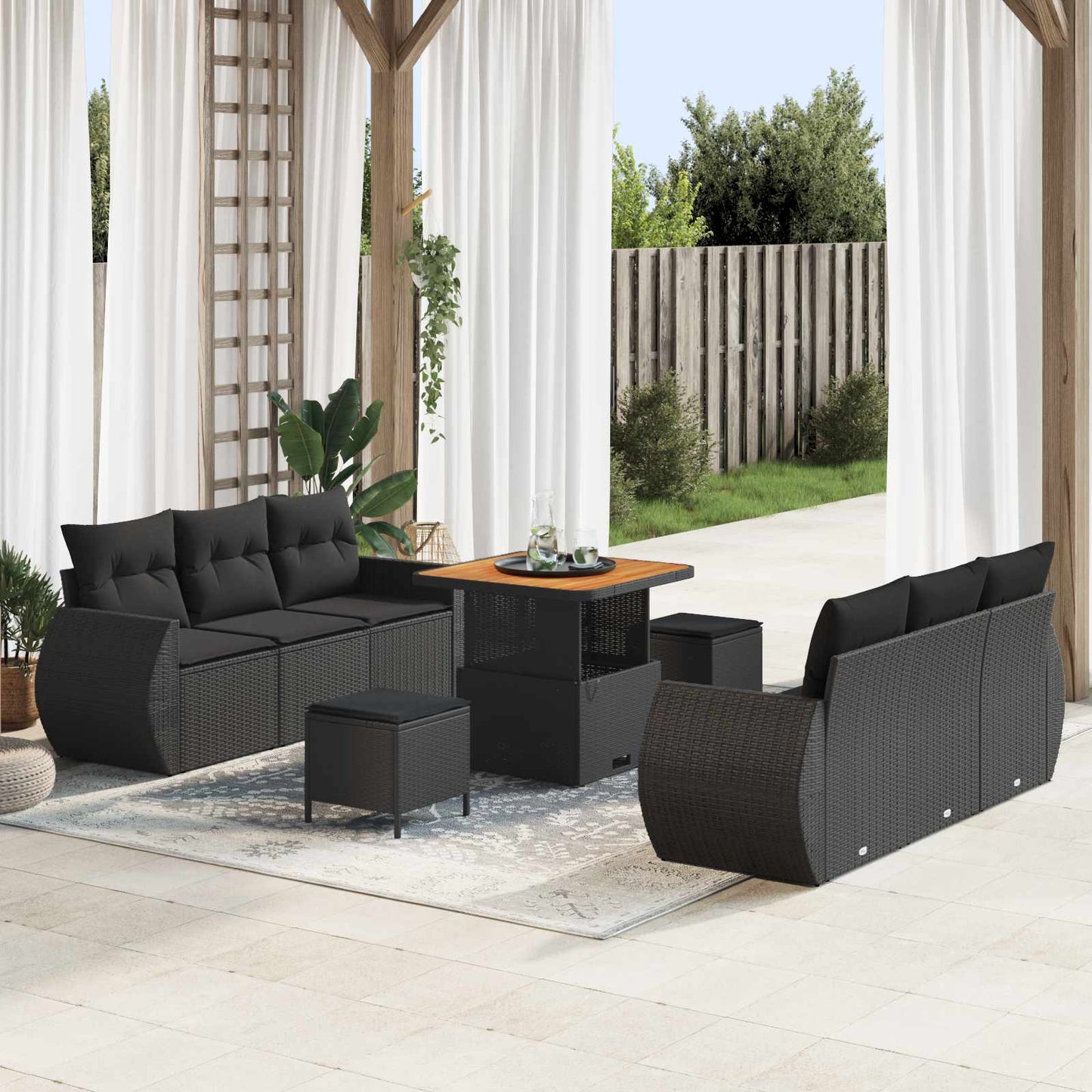 Gartensofa-set mit Kissen mit Kissen 9 pcs Schwarz Poly-Rattan