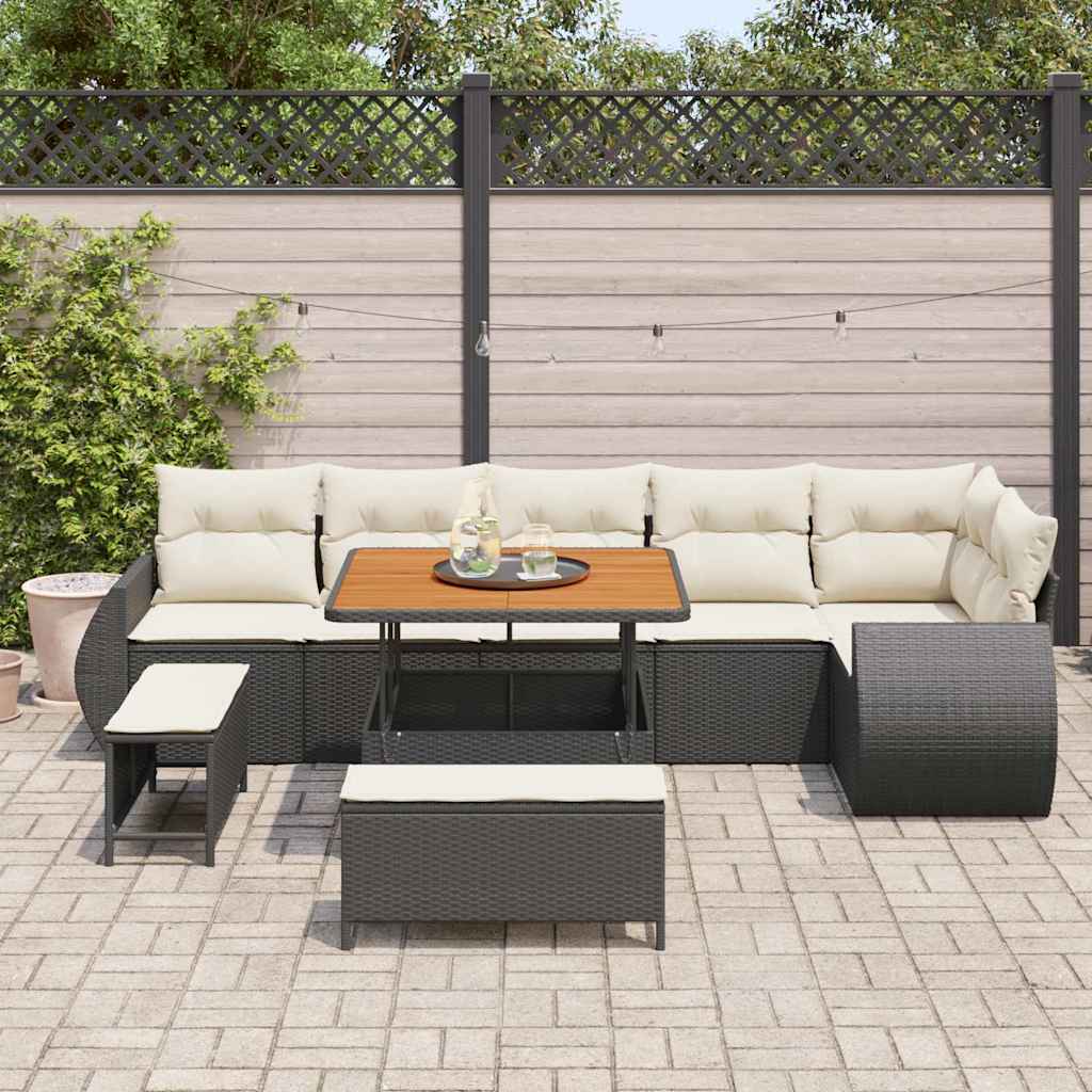 Gartensofa-set mit Kissen 9 pcs Schwarz und Creme Poly Rattan