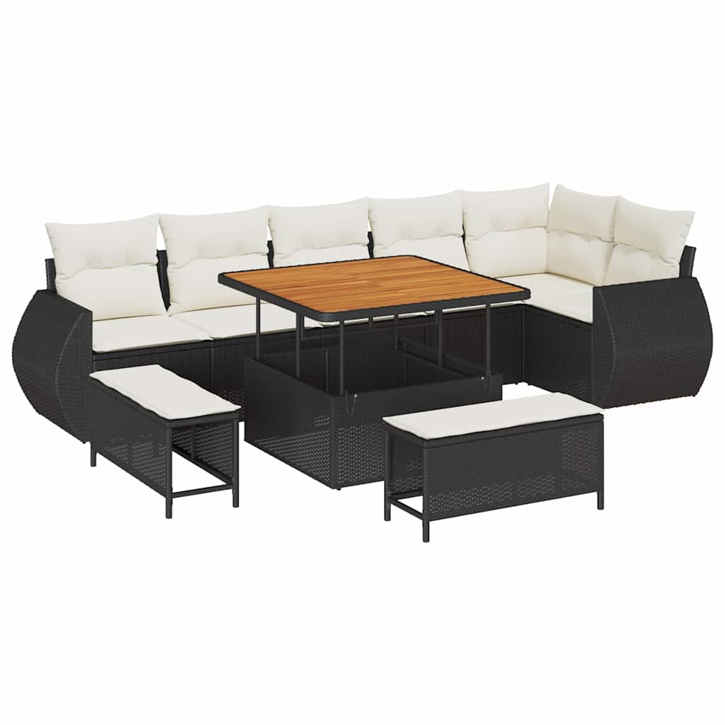 Gartensofa-set mit Kissen 9 pcs Schwarz und Creme Poly Rattan