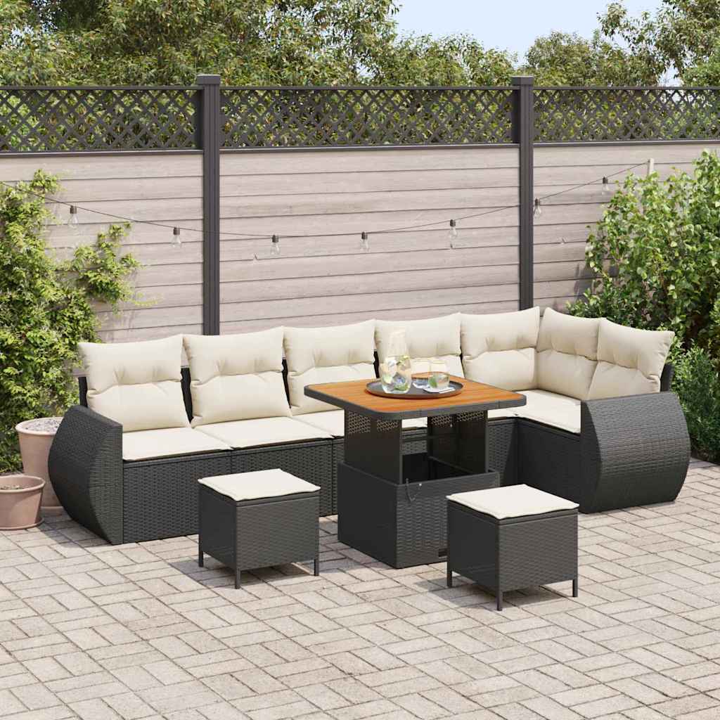 Gartensofa-set mit Kissen 9 pcs Schwarz und Creme Poly Rattan