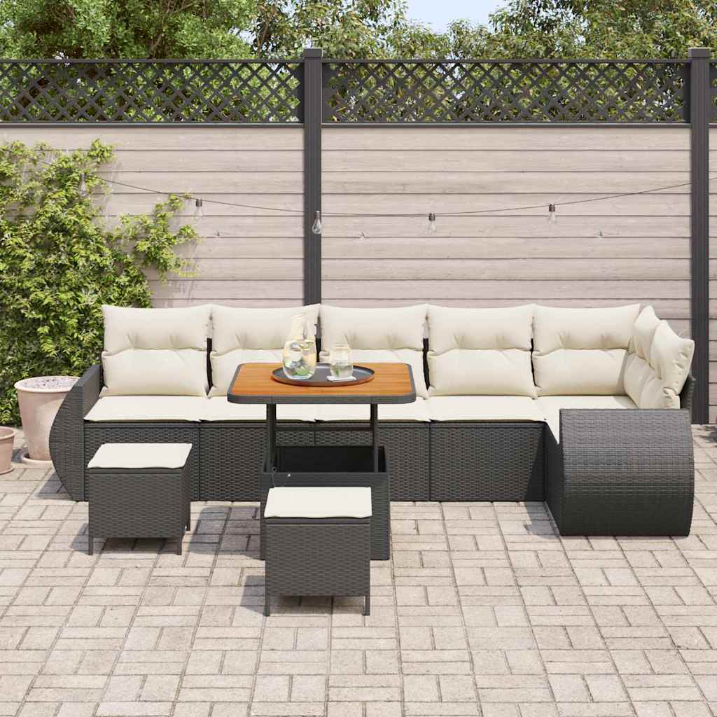 Gartensofa-set mit Kissen 9 pcs Schwarz und Creme Poly Rattan