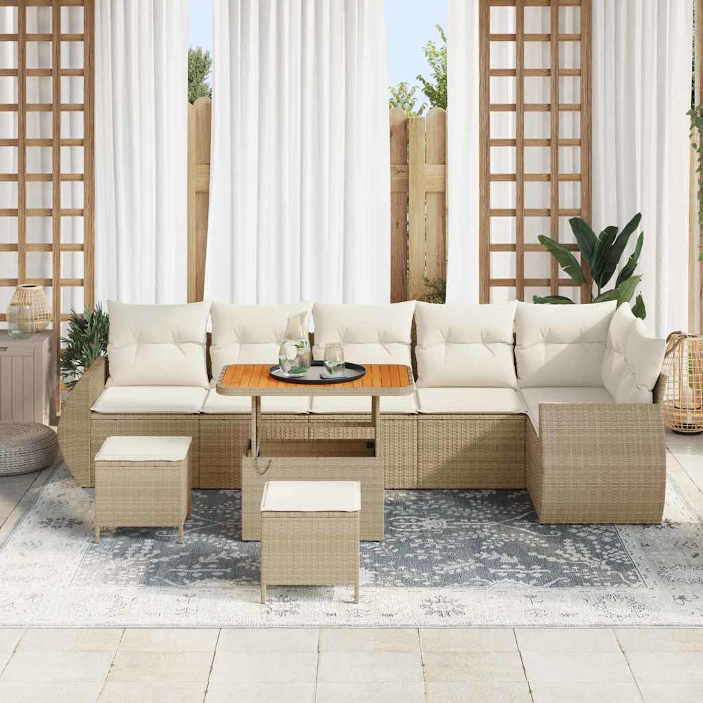 Gartensofa-set mit Kissen 9 pcs Beige und Creme Poly Rattan