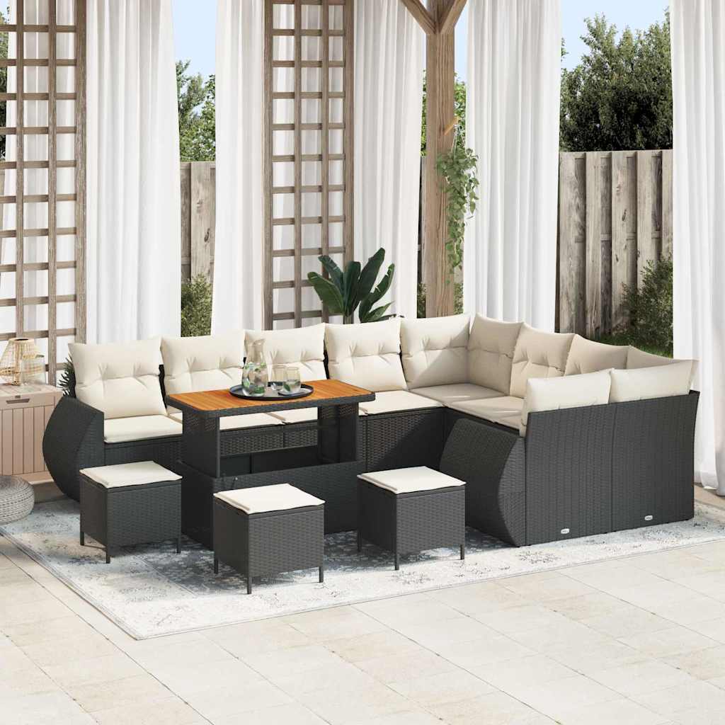 Gartensofa-set mit Kissen 13 pcs Schwarz und Creme Poly Rattan