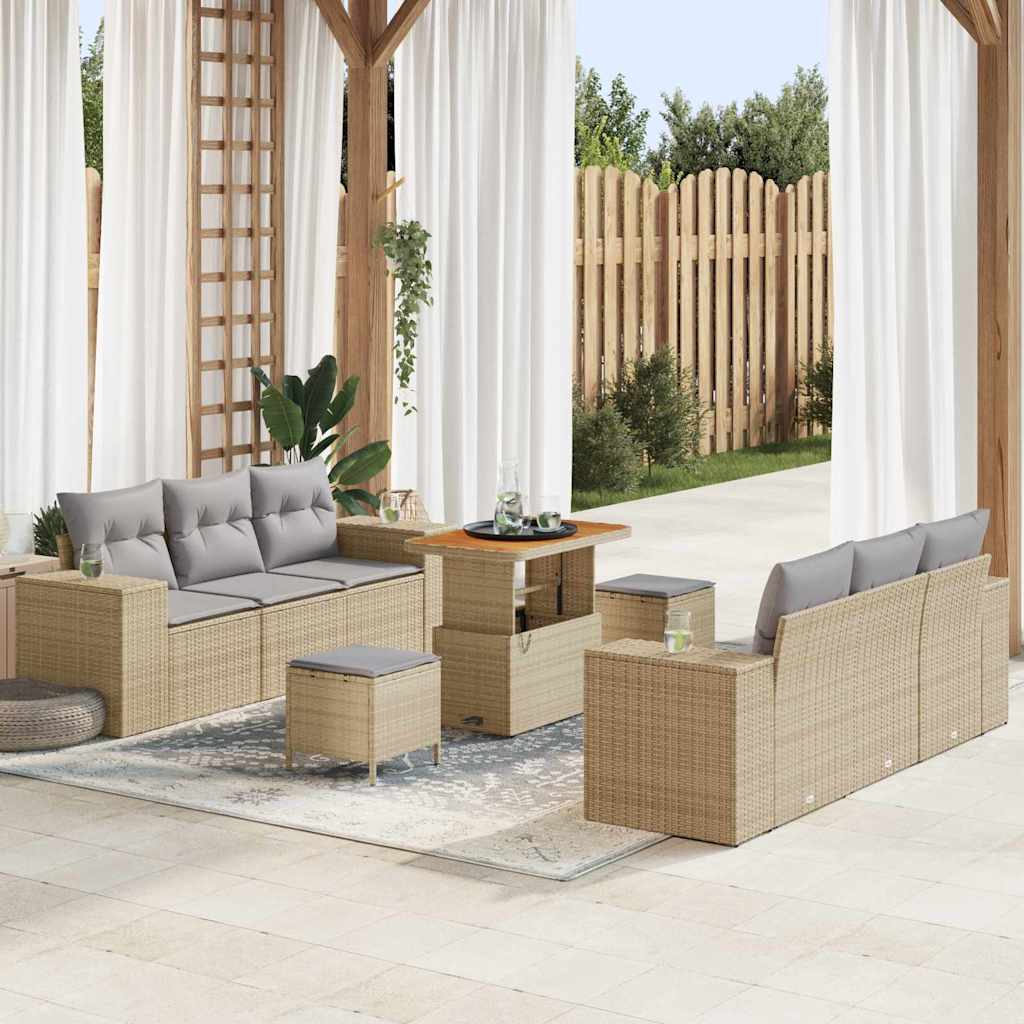 Gartensofa-set mit Kissen 9 pcs Beige und Hellgrau Poly Rattan