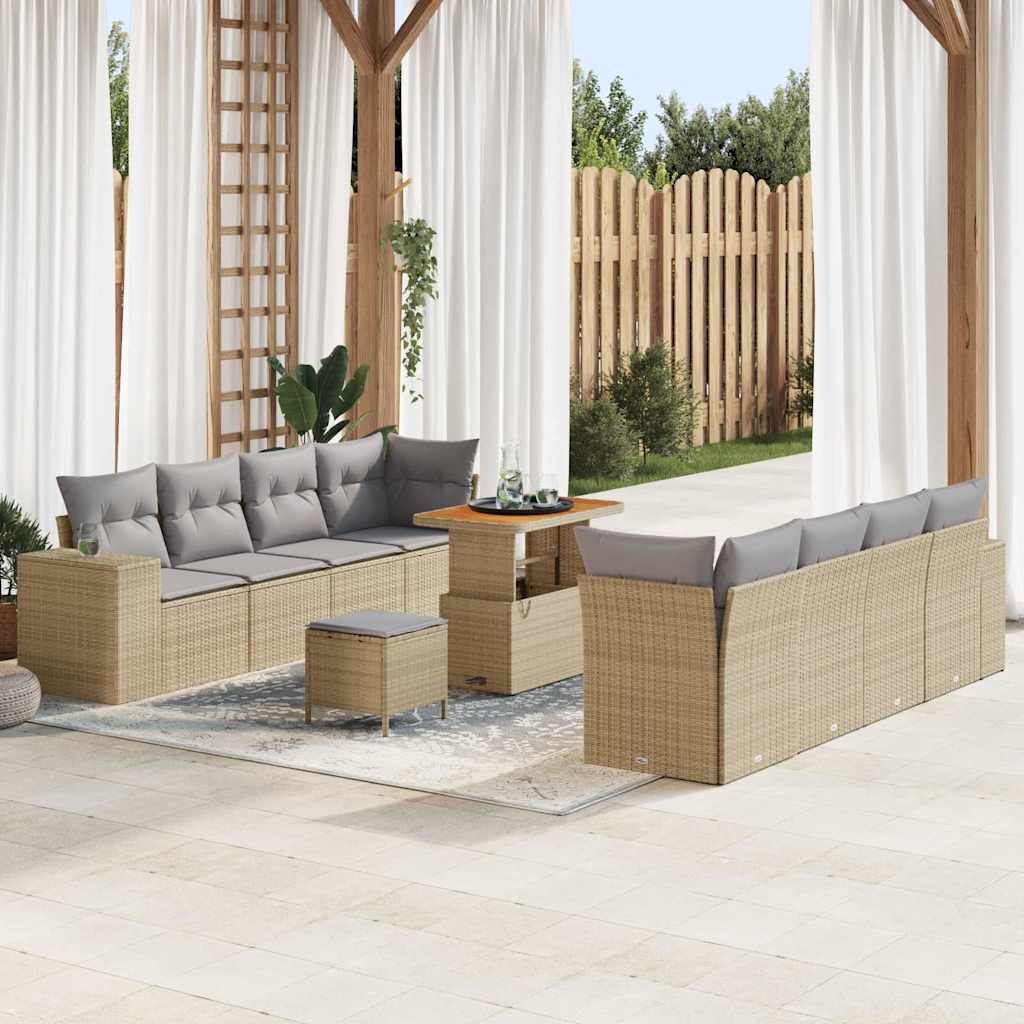 Gartensofa-set mit Kissen 11 pcs Beige und Hellgrau Poly-Rattan