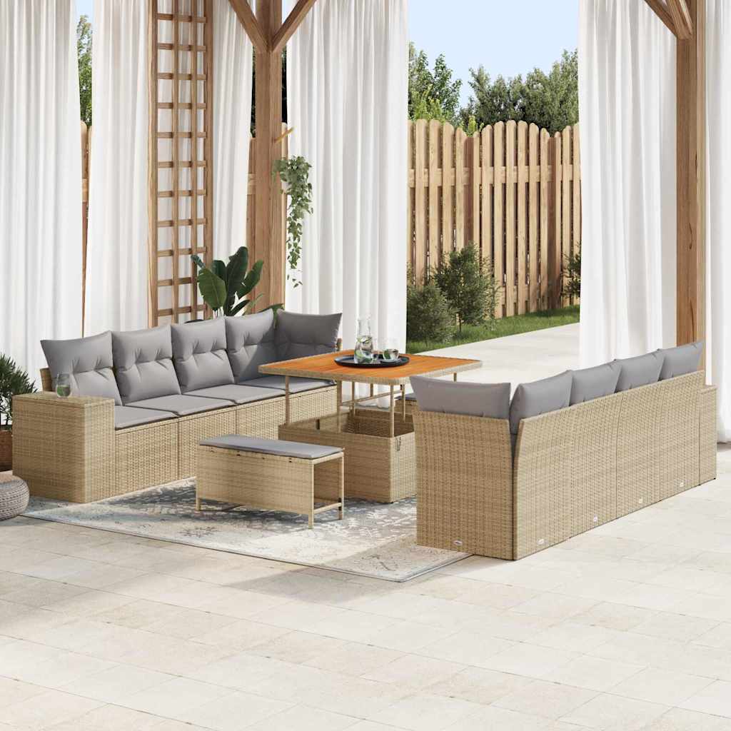 Gartensofa-set mit Kissen 11 pcs Beige und Hellgrau Poly-Rattan