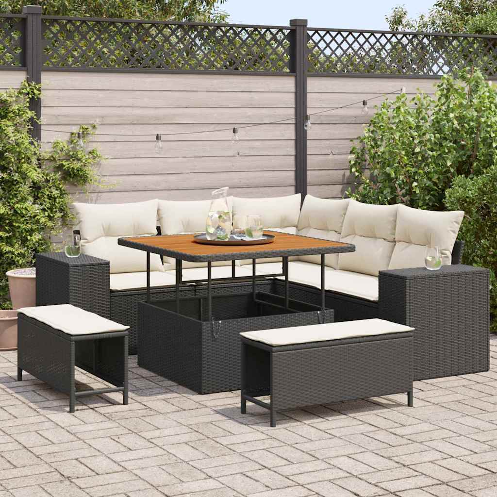 Gartensofa-set mit Kissen 8 pcs Schwarz und Creme Poly-Rattan