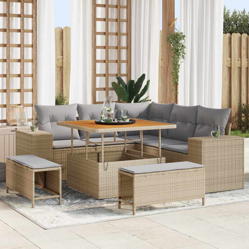 Gartensofa-set mit Kissen 8 pcs Beige und Hellgrau Poly-Rattan