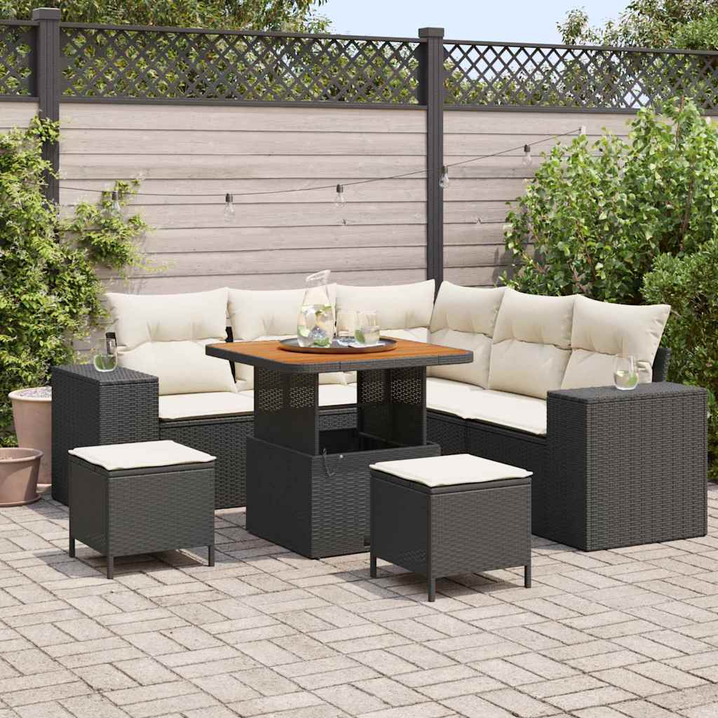Gartensofa-set mit Kissen 8 pcs Schwarz und Creme Poly-Rattan