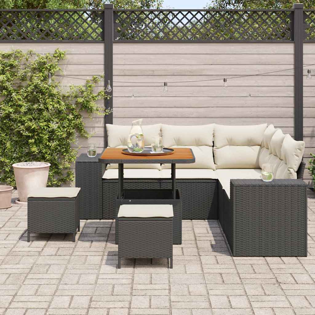 Gartensofa-set mit Kissen 8 pcs Schwarz und Creme Poly-Rattan