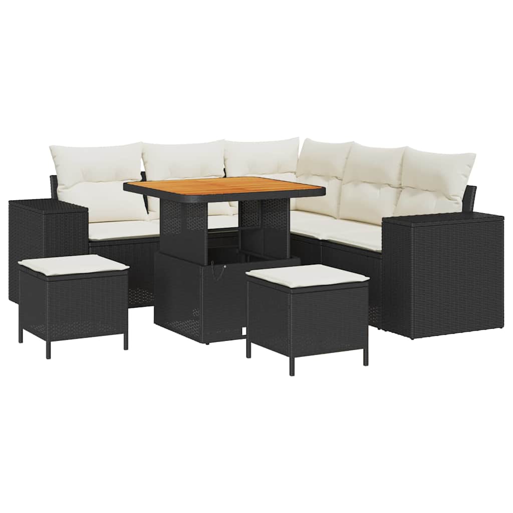 Gartensofa-set mit Kissen 8 pcs Schwarz und Creme Poly-Rattan