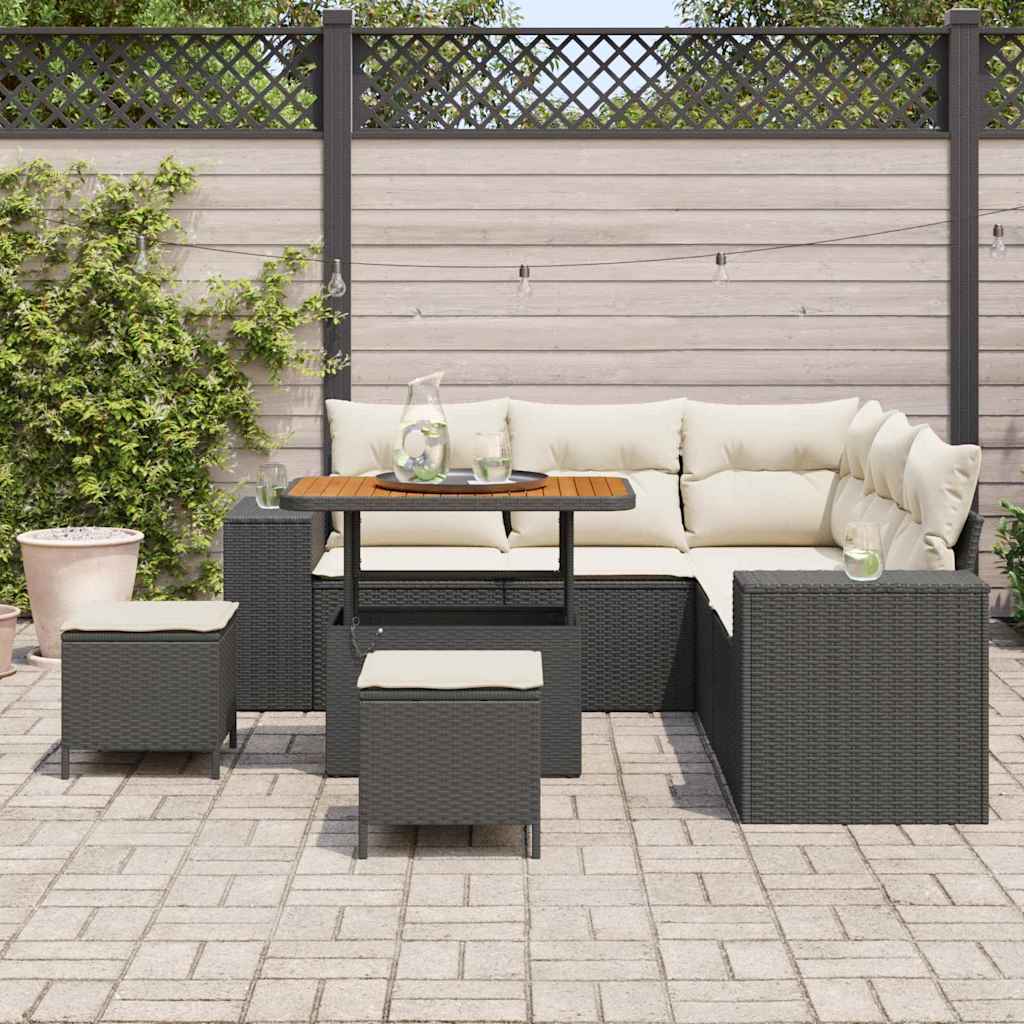 Gartensofa-set mit Kissen 8 pcs Schwarz und Creme Poly-Rattan