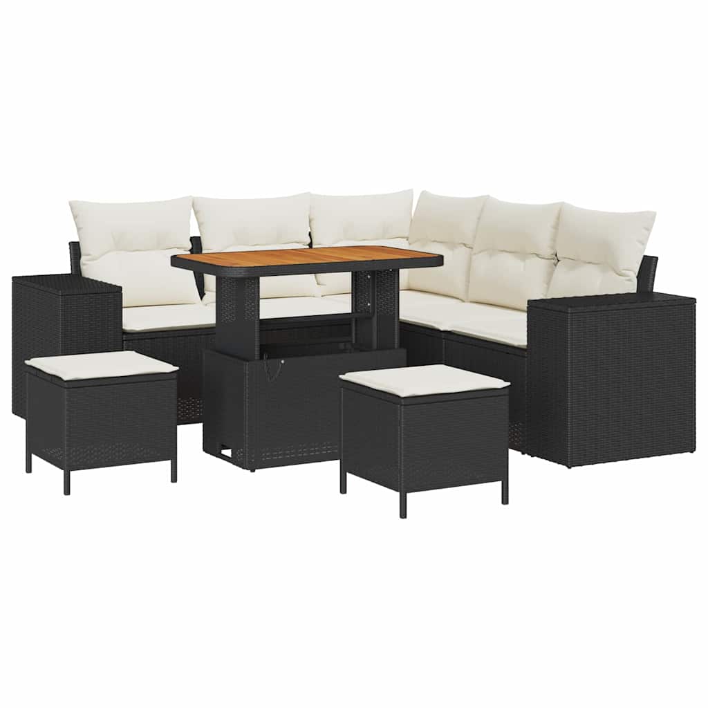 Gartensofa-set mit Kissen 8 pcs Schwarz und Creme Poly-Rattan