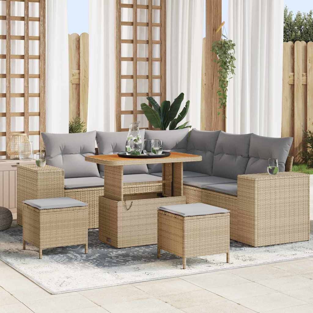 Gartensofa-set mit Kissen 8 pcs Beige und Hellgrau Poly-Rattan