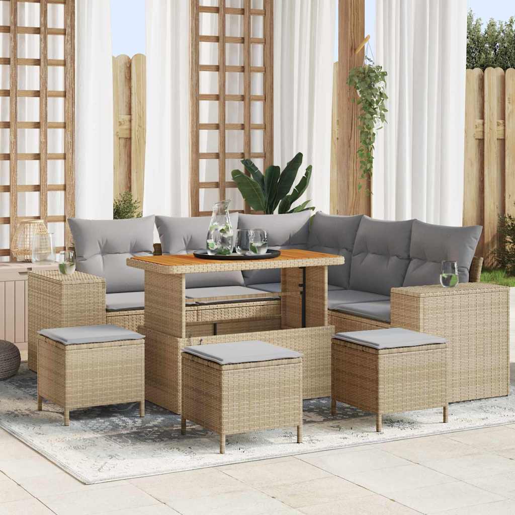 Gartensofa-set mit Kissen 9 pcs Beige und Hellgrau Poly-Rattan