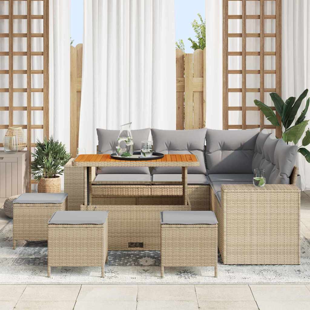 Gartensofa-set mit Kissen 9 pcs Beige und Hellgrau Poly-Rattan