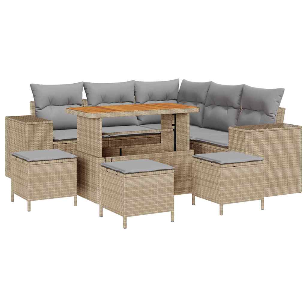 Gartensofa-set mit Kissen 9 pcs Beige und Hellgrau Poly-Rattan