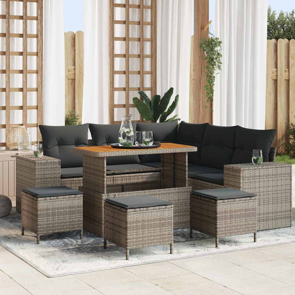 Gartensofa-set mit Kissen mit Speicher 9 pcs Grau Poly-Rattan