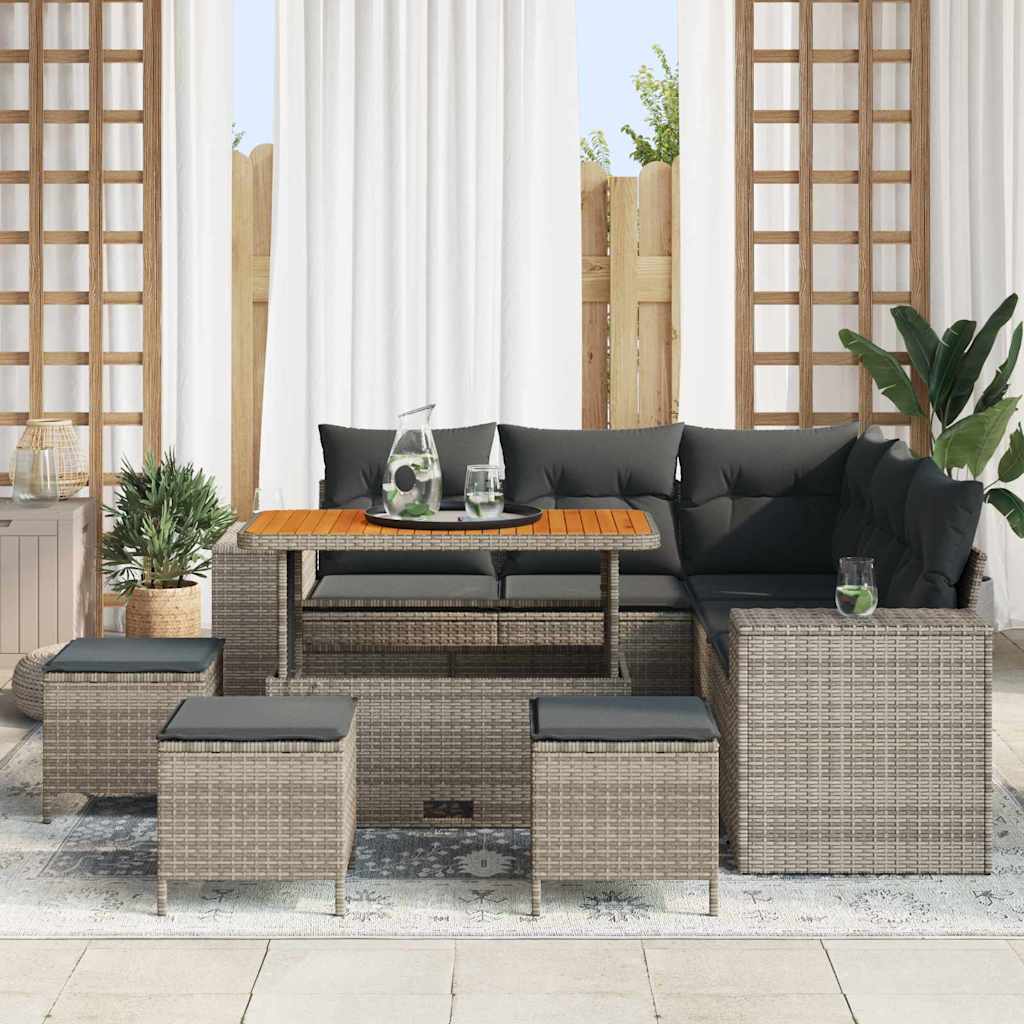 Gartensofa-set mit Kissen mit Speicher 9 pcs Grau Poly-Rattan