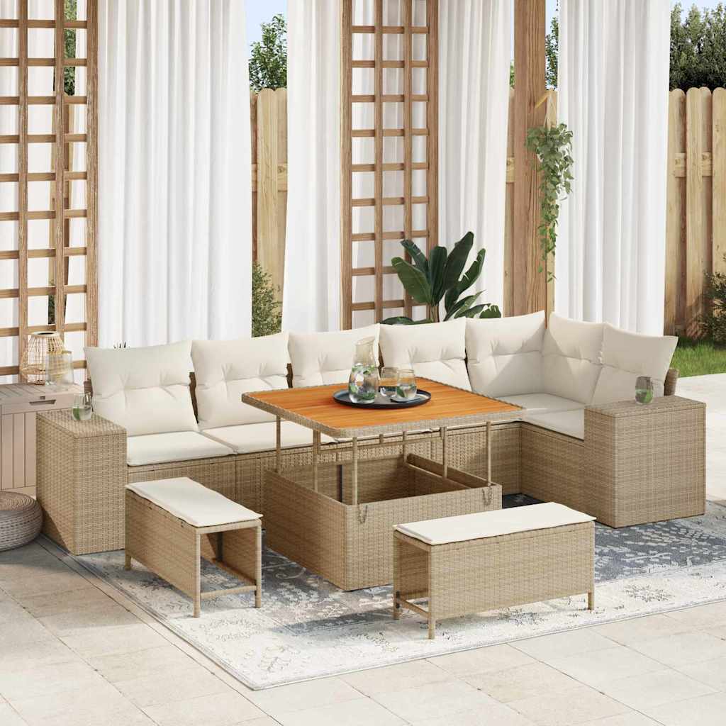 Gartensofa-set mit Kissen 9 pcs Beige und Creme Poly-Rattan