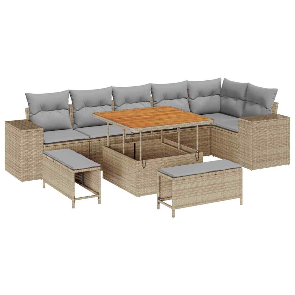 Gartensofa-set mit Kissen 9 pcs Beige und Hellgrau Poly-Rattan
