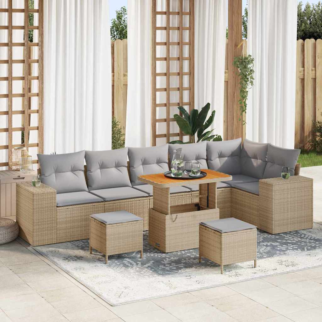 Gartensofa-set mit Kissen 9 pcs Beige und Hellgrau Poly-Rattan